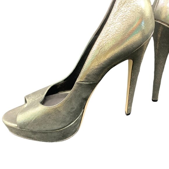 BRIAN Atwood Madison Avenue Gold Platform Peep Toe Heels Size 10.5 - Picture 6 of 10